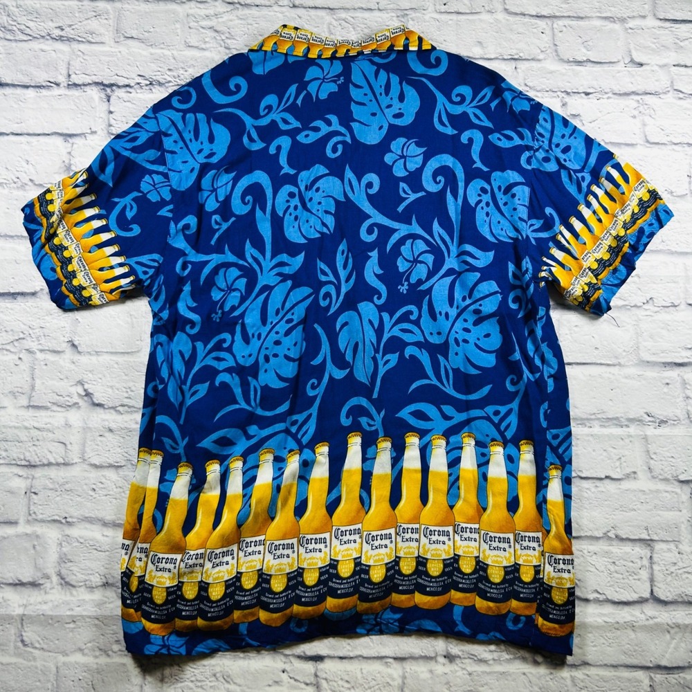 Corona Extra Mens XXL Blue Tropical Beer Bottle Print Rayon Button Up Shirt - Picture 3 of 8